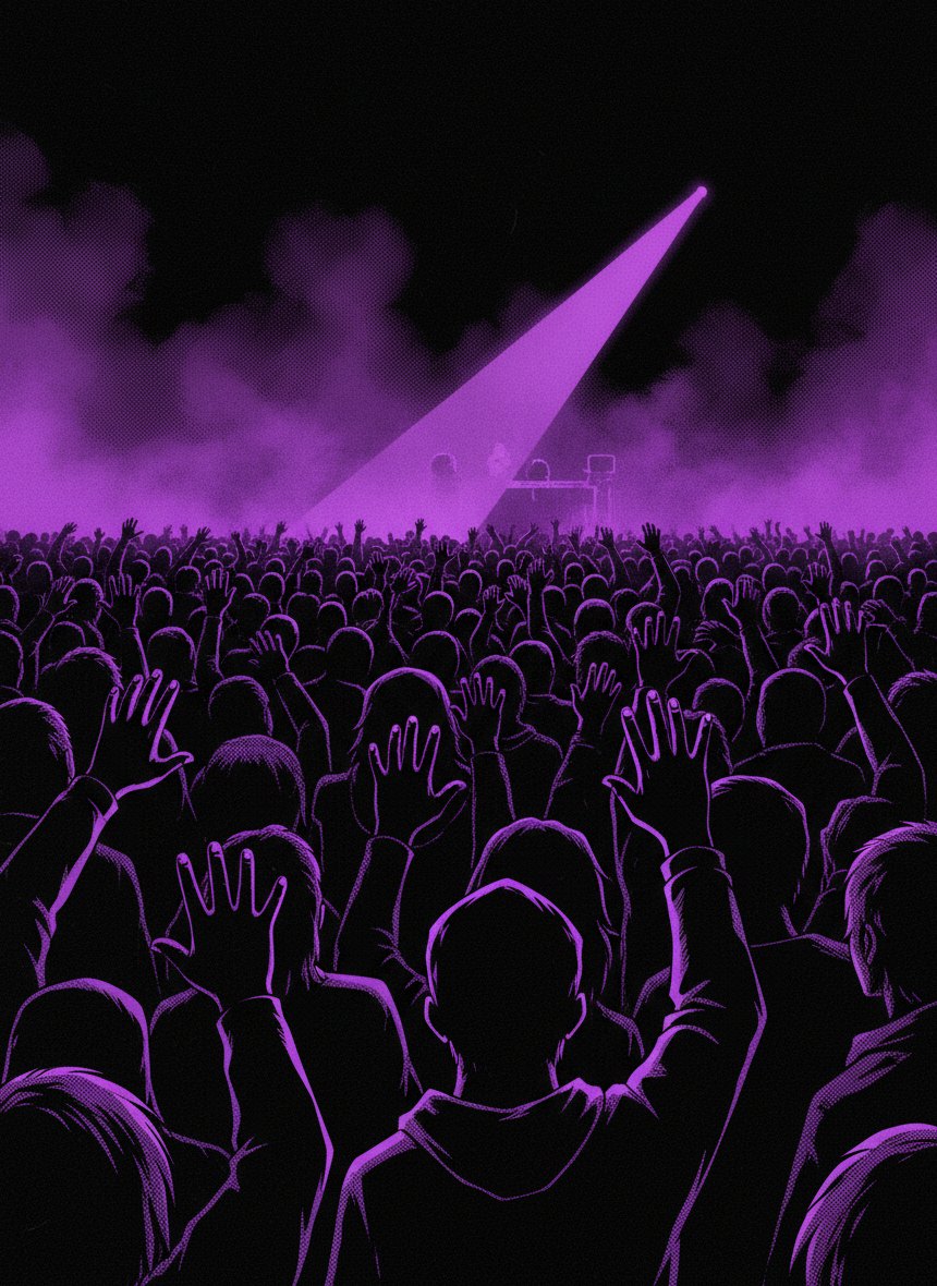Rave crowd under a single violet strobe beam, drawn in dark manga ink style