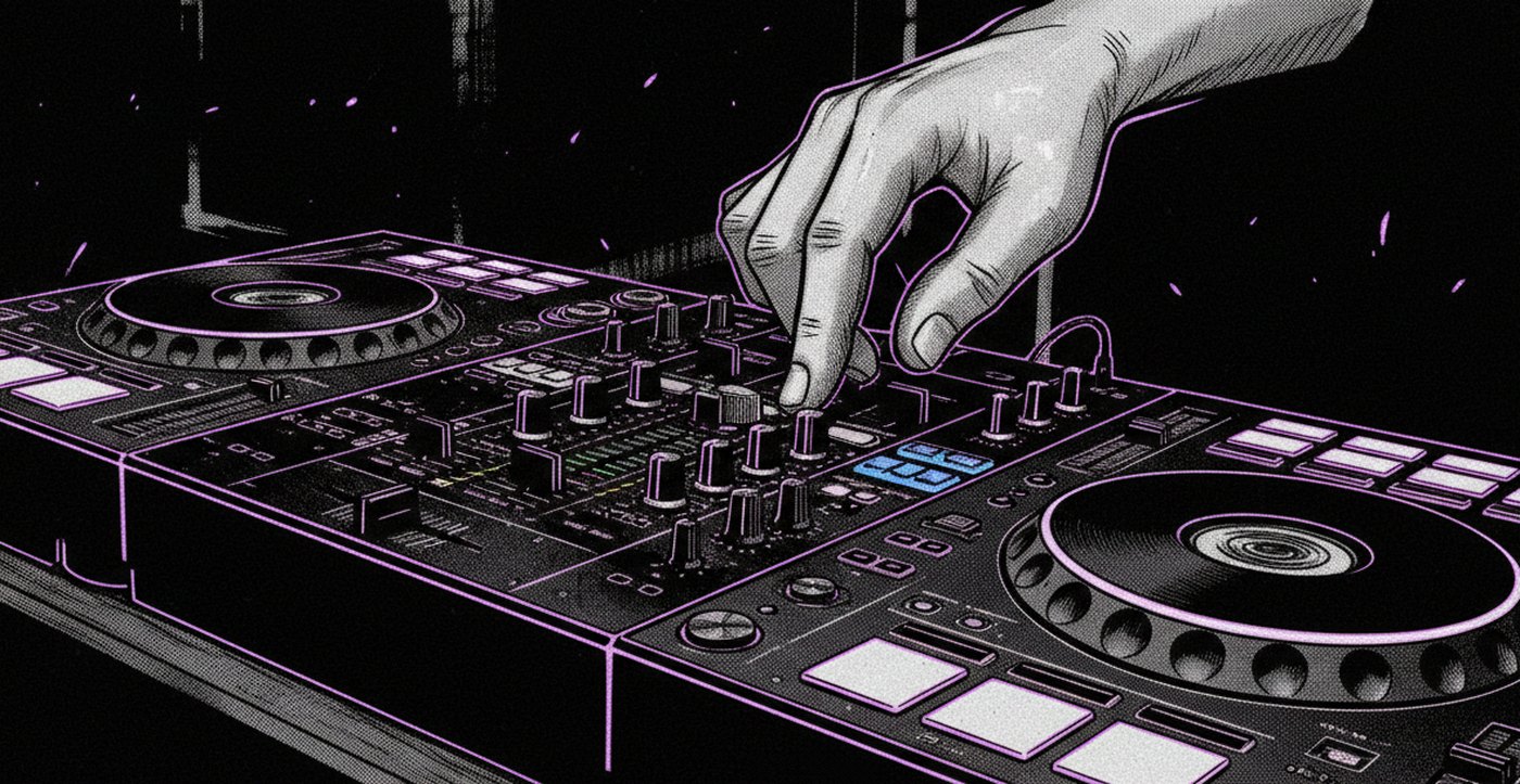 Close-up of a DJ deck and mixer with violet rim light, dark manga ink style