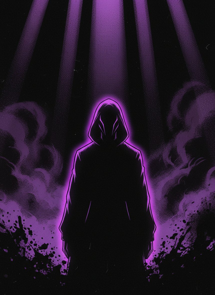 Hooded masked figure in violet backlight, drawn in dark manga ink style
