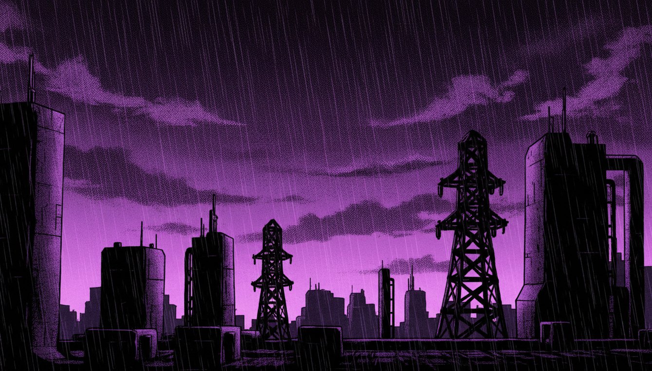 Industrial night skyline in rain, violet clouds, dark manga ink style